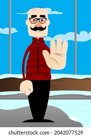 Funny Cartoon Mann gekleidet für den Winter mit Leugnung oder Weigerung Handgesten. Vektorgrafik.