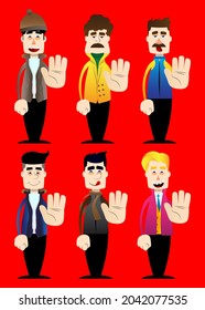 Funny cartoon man dressed for winter showing deny or refuse hand gesture. Vector illustration.