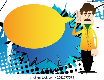 Funny cartoon man dressed for winter holds hand at his ear, listening. Vector illustration.