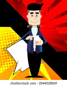 Funny cartoon man dressed for winter using a mobile phone. Vector illustration.