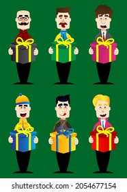 Hombre gracioso de dibujos animados vestido para el invierno sosteniendo una gran caja de regalo. Ilustración vectorial.