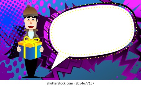 Funny cartoon man dressed for winter holding big gift box. Vector illustration.