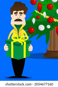 Hombre gracioso de dibujos animados vestido para el invierno sosteniendo una gran caja de regalo. Ilustración vectorial.