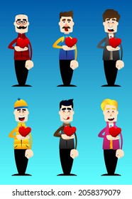 Funny cartoon man dressed for winter holding red heart in his hand. Vector illustration.