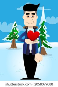 Funny cartoon man dressed for winter holding red heart in his hand. Vector illustration.