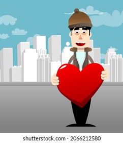 Funny cartoon man dressed for winter hugging big red heart. Vector illustration.