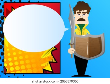 Funny cartoon man dressed for winter holding a sword and shield. Vector illustration.