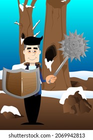 Un gracioso caricaturista vestido para el invierno sostiene una mecha y un escudo puntiagudos. Ilustración vectorial.