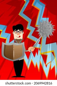 Funny cartoon man dressed for winter holding a spiked mace and shield. Vector illustration.