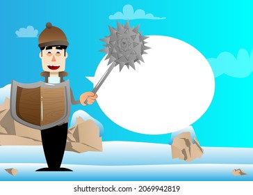 Funny cartoon man dressed for winter holding a spiked mace and shield. Vector illustration.