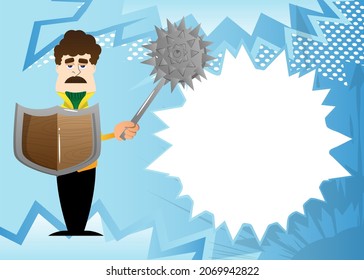 Funny cartoon man dressed for winter holding a spiked mace and shield. Vector illustration.