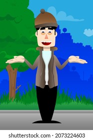 Funny cartoon man dressed for winter shrugs shoulders expressing don't know gesture. Vector illustration.