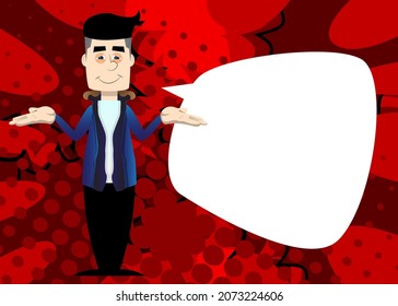 Funny cartoon man dressed for winter shrugs shoulders expressing don't know gesture. Vector illustration.