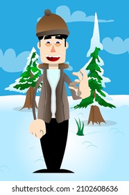 Funny cartoon man dressed for winter showing ok sign. Vector illustration.