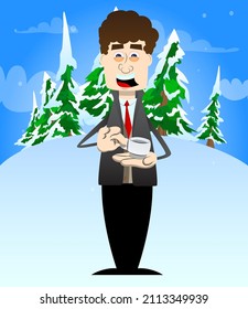 Funny cartoon man dressed for winter holding a cup of coffee. Vector illustration.