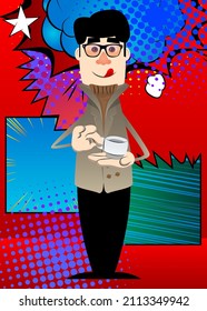 Funny cartoon man dressed for winter holding a cup of coffee. Vector illustration.