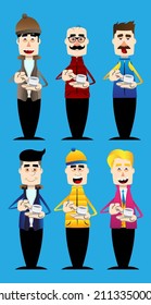 Funny cartoon man dressed for winter holding a cup of coffee. Vector illustration.
