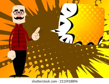 Funny cartoon man dressed for winter saying no with his finger. Vector illustration.