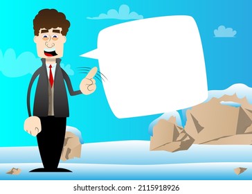 Funny cartoon man dressed for winter saying no with his finger. Vector illustration.