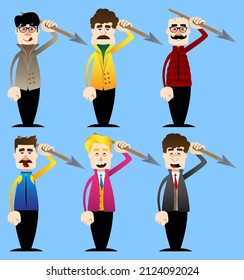 Funny cartoon man dressed for winter holding spear in his hand. Vector illustration.