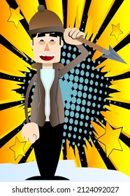 Funny cartoon man dressed for winter holding spear in his hand. Vector illustration.