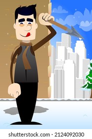 Un gracioso caricaturista vestido para el invierno sostiene una lanza en la mano. Ilustración vectorial.