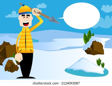 Funny cartoon man dressed for winter holding spear in his hand. Vector illustration.