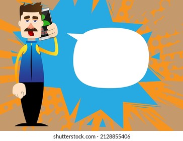 Funny cartoon man dressed for winter talking on cell phone. Vector illustration. Mobile Communication Concept.
