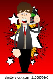 Un gracioso caricaturista vestido para el invierno hablando por teléfono celular. Ilustración vectorial. Concepto de comunicación móvil.
