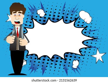 Funny cartoon man dressed for winter holding up a knife and fork. Vector illustration.
