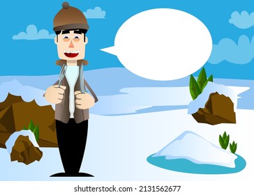 Funny cartoon man dressed for winter holding up a knife and fork. Vector illustration.