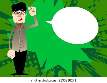 Funny cartoon man dressed for winter making power to the people fist gesture. Vector illustration.