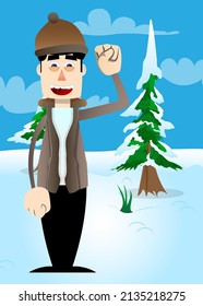 Funny cartoon man dressed for winter making power to the people fist gesture. Vector illustration.
