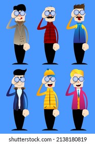 Funny cartoon man dressed for winter looking through binoculars. Vector illustration.