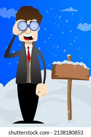 Der lustige Cartoon-Mann im Winterkleid, der durch Ferngläser schaut. Vektorgrafik.