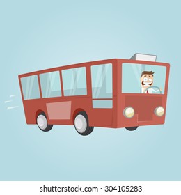 funny cartoon man is driving a bus