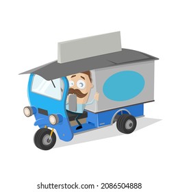 lustiger Cartoon-Mann, der in einem kleinen Lastwagen fährt