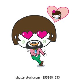 Funny cartoon man feeling falling in love with a young woman, vector illustration isolated on white background.