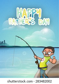 Funny cartoon of a man fishing on the river from boat on city view background, concept for Happy Father's Day celebration. 