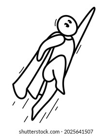 Funny cartoon man flying with coat like a superhero vector flat style illustration isolated on white, cute and positive small guy drawing or icon.