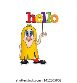 Funny cartoon man / gnome with a sign "hello" (lettering). Vector