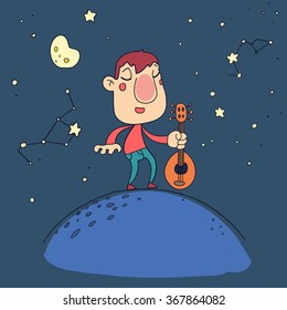 Funny cartoon man with guitar in the night. Dark sky with stars and moon