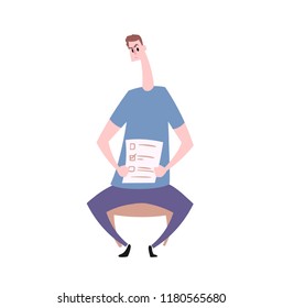 Funny cartoon man holding answer sheet in front of him. Colorful flat vector illustration. Isolated on white background.