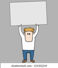 Funny cartoon man holding up a blank sign, vector illustration