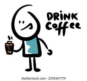 Funny cartoon man holding coffee mug with hot drink. Vector doodle illustration of people.