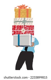 Funny cartoon man holding stack of gift boxes. Christmas gifts, wrapped New Year presents for Xmas holidays. Vector flat illustration Isolated on white background.
