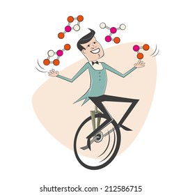 funny cartoon man juggling with molecules