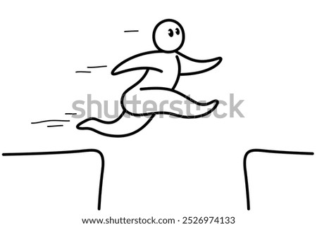 Funny cartoon man jumping though gap vector flat style illustration isolated on white, cute and positive small guy drawing or icon.