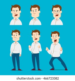funny cartoon man listening music in headphones, emotions, face, happy, poses, relax, vector illustration