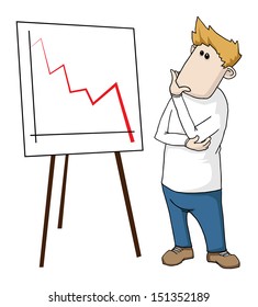 funny cartoon man looking at a chart and thinking, vector illustration 